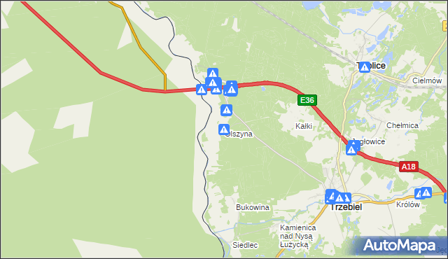 mapa Olszyna gmina Trzebiel, Olszyna gmina Trzebiel na mapie Targeo