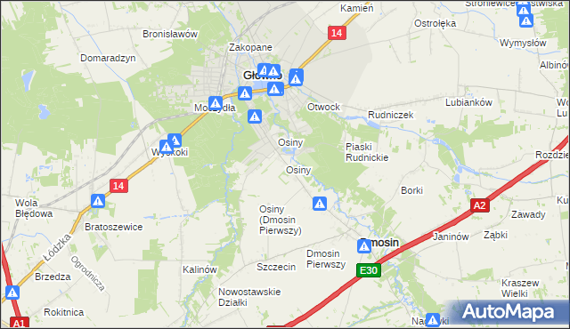 mapa Osiny gmina Dmosin, Osiny gmina Dmosin na mapie Targeo