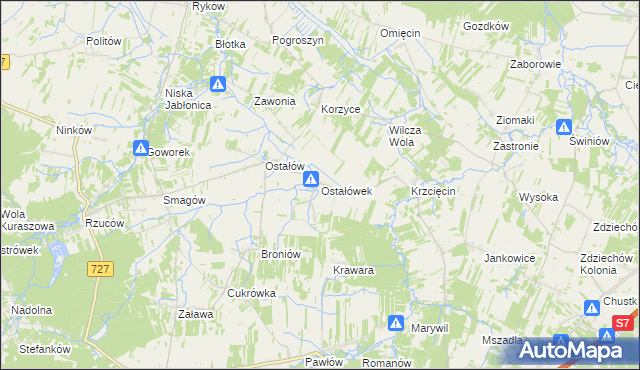 mapa Ostałówek gmina Chlewiska, Ostałówek gmina Chlewiska na mapie Targeo