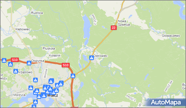 mapa Ostrowiec gmina Wałcz, Ostrowiec gmina Wałcz na mapie Targeo