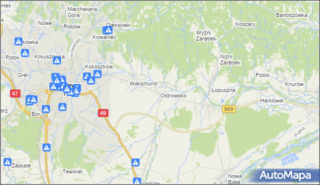 mapa Ostrowsko gmina Nowy Targ, Ostrowsko gmina Nowy Targ na mapie Targeo