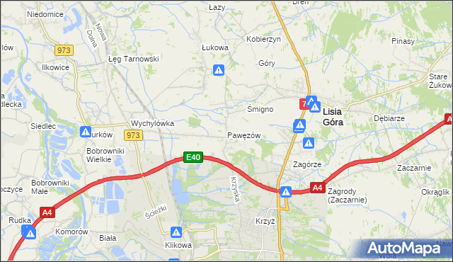 mapa Pawęzów gmina Lisia Góra, Pawęzów gmina Lisia Góra na mapie Targeo