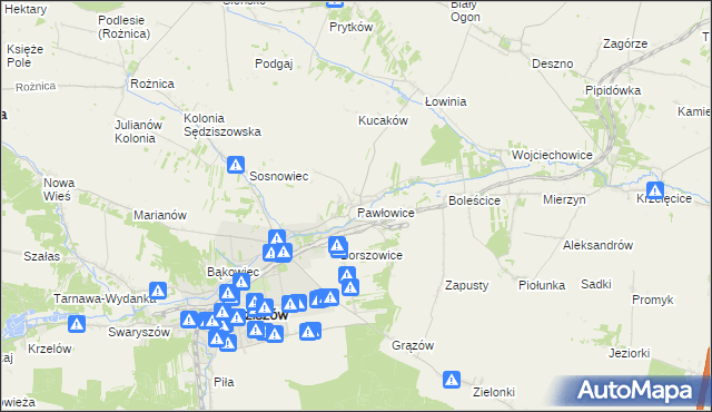 mapa Pawłowice gmina Sędziszów, Pawłowice gmina Sędziszów na mapie Targeo