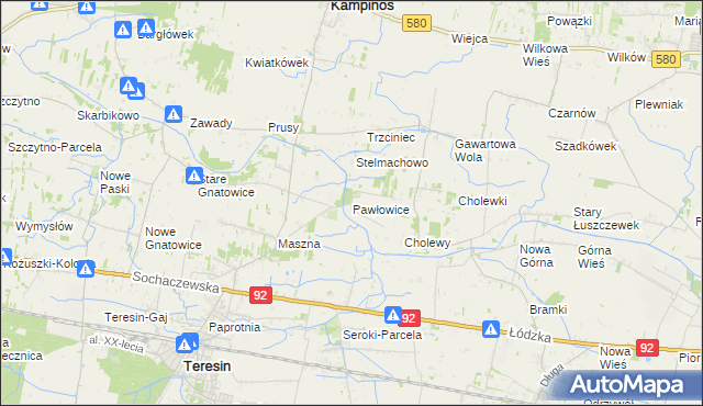 mapa Pawłowice gmina Teresin, Pawłowice gmina Teresin na mapie Targeo