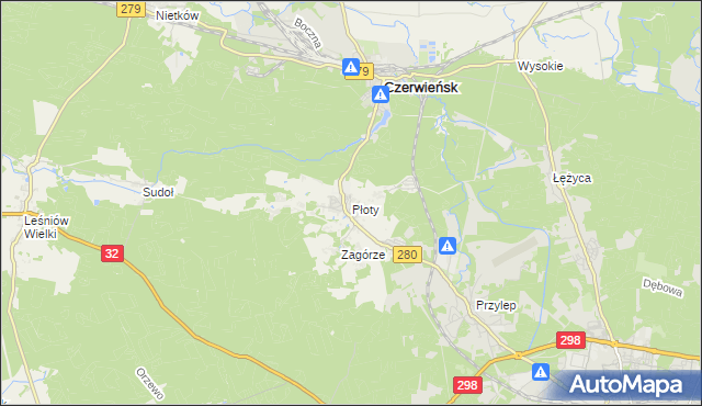 mapa Płoty gmina Czerwieńsk, Płoty gmina Czerwieńsk na mapie Targeo