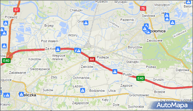 mapa Podłęże gmina Niepołomice, Podłęże gmina Niepołomice na mapie Targeo