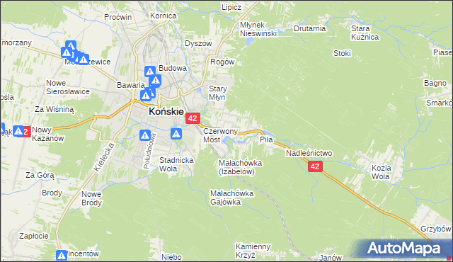 mapa Pomyków gmina Końskie, Pomyków gmina Końskie na mapie Targeo