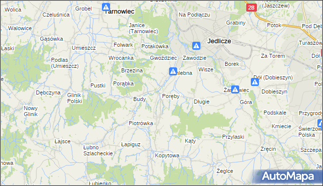 mapa Poręby gmina Jedlicze, Poręby gmina Jedlicze na mapie Targeo