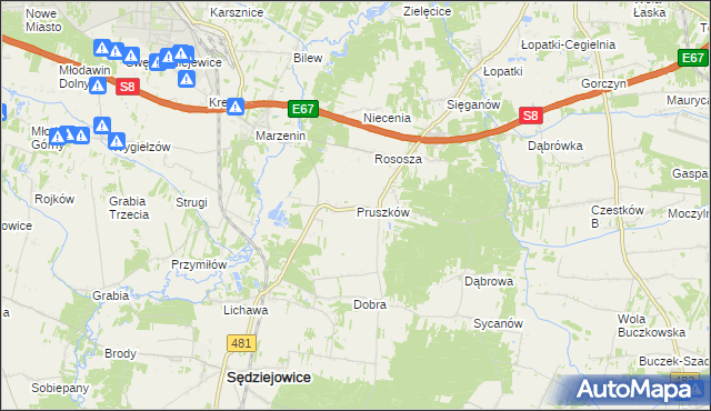 mapa Pruszków gmina Sędziejowice, Pruszków gmina Sędziejowice na mapie Targeo