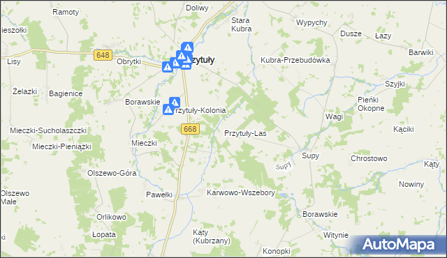 mapa Przytuły-Las, Przytuły-Las na mapie Targeo