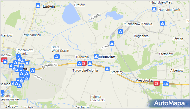 mapa Puchaczów powiat łęczyński, Puchaczów powiat łęczyński na mapie Targeo