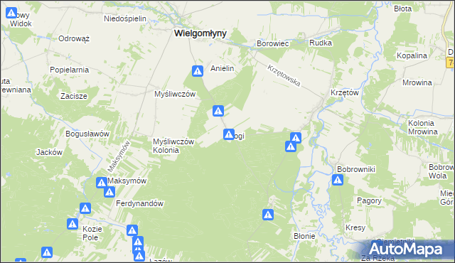 mapa Rogi gmina Wielgomłyny, Rogi gmina Wielgomłyny na mapie Targeo