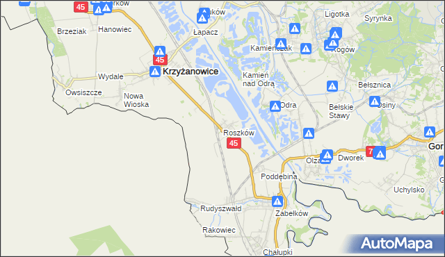 mapa Roszków gmina Krzyżanowice, Roszków gmina Krzyżanowice na mapie Targeo