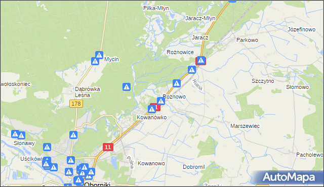 mapa Rożnowo gmina Oborniki, Rożnowo gmina Oborniki na mapie Targeo