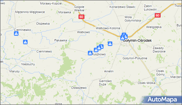 mapa Ruszkowo gmina Gołymin-Ośrodek, Ruszkowo gmina Gołymin-Ośrodek na mapie Targeo