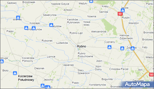 mapa Rybno powiat sochaczewski, Rybno powiat sochaczewski na mapie Targeo