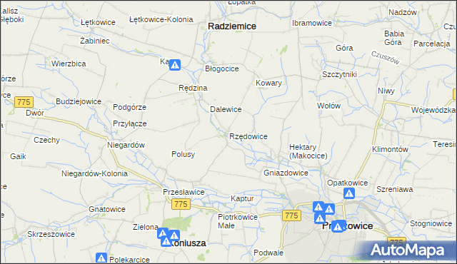 mapa Rzędowice gmina Koniusza, Rzędowice gmina Koniusza na mapie Targeo