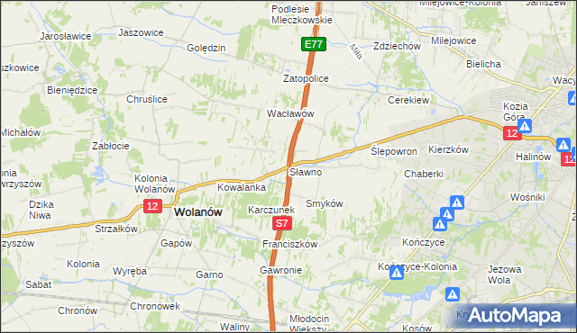mapa Sławno gmina Wolanów, Sławno gmina Wolanów na mapie Targeo