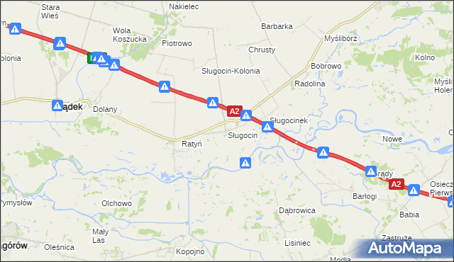 mapa Sługocin gmina Lądek, Sługocin gmina Lądek na mapie Targeo