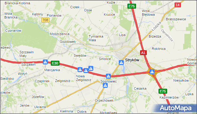 mapa Smolice gmina Stryków, Smolice gmina Stryków na mapie Targeo