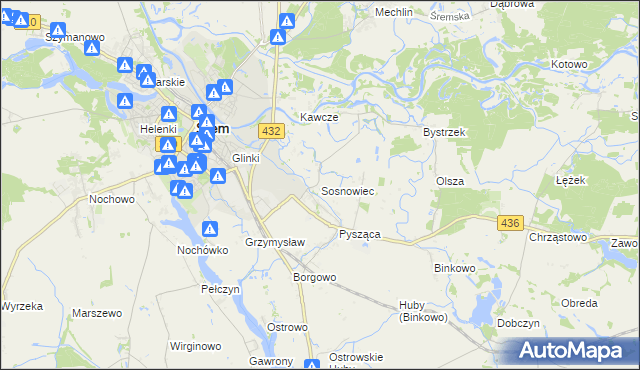 mapa Sosnowiec gmina Śrem, Sosnowiec gmina Śrem na mapie Targeo