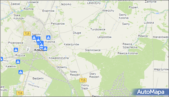 mapa Stamirowice gmina Koluszki, Stamirowice gmina Koluszki na mapie Targeo