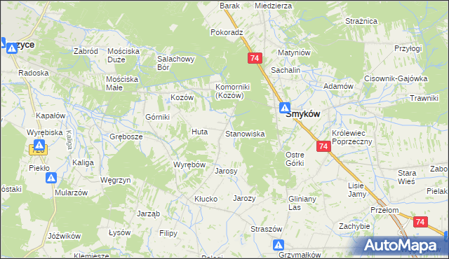 mapa Stanowiska gmina Smyków, Stanowiska gmina Smyków na mapie Targeo