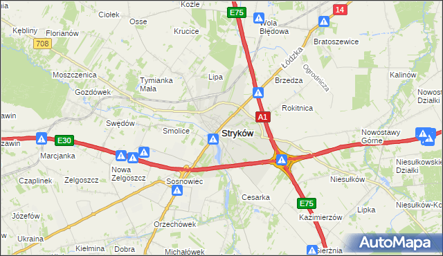 mapa Stryków powiat zgierski, Stryków powiat zgierski na mapie Targeo