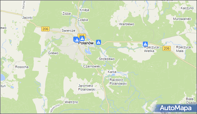 mapa Strzeżewo gmina Polanów, Strzeżewo gmina Polanów na mapie Targeo
