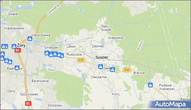 mapa Suszec powiat pszczyński, Suszec powiat pszczyński na mapie Targeo
