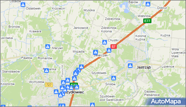 mapa Świerczek gmina Szydłowiec, Świerczek gmina Szydłowiec na mapie Targeo