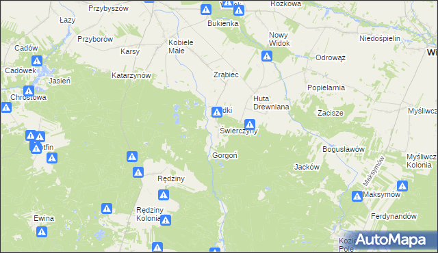 mapa Świerczyny gmina Kobiele Wielkie, Świerczyny gmina Kobiele Wielkie na mapie Targeo