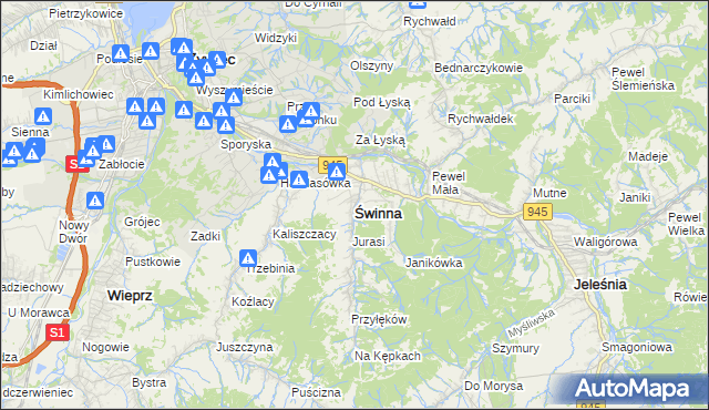 mapa Świnna powiat żywiecki, Świnna powiat żywiecki na mapie Targeo