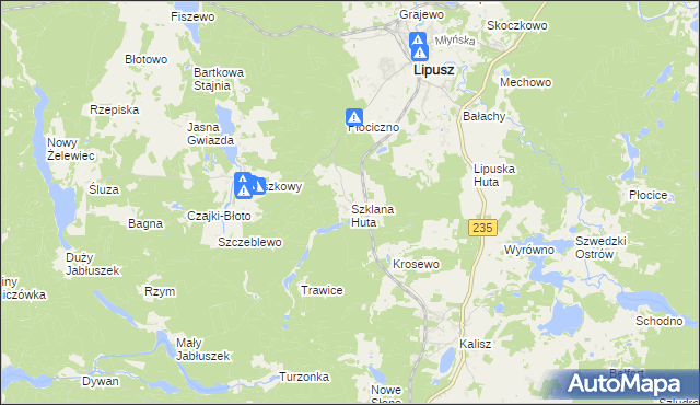 mapa Szklana Huta gmina Lipusz, Szklana Huta gmina Lipusz na mapie Targeo
