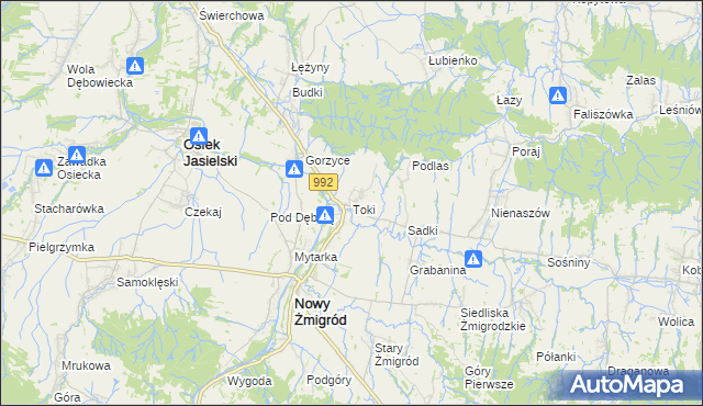 mapa Toki gmina Nowy Żmigród, Toki gmina Nowy Żmigród na mapie Targeo