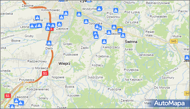 mapa Trzebinia gmina Świnna, Trzebinia gmina Świnna na mapie Targeo