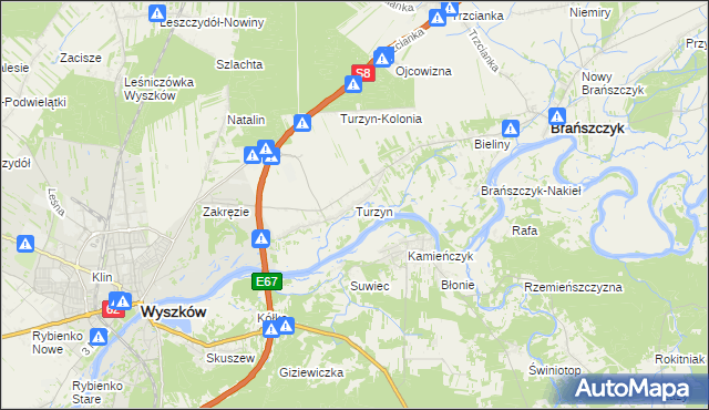 mapa Turzyn gmina Brańszczyk, Turzyn gmina Brańszczyk na mapie Targeo