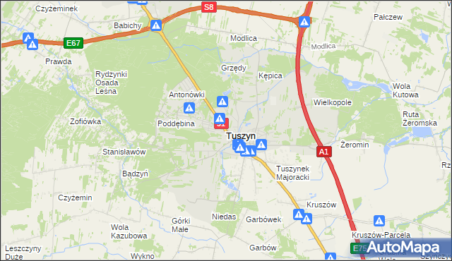 mapa Tuszyn powiat łódzki wschodni, Tuszyn powiat łódzki wschodni na mapie Targeo