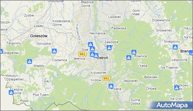 mapa Ustroń powiat cieszyński, Ustroń powiat cieszyński na mapie Targeo