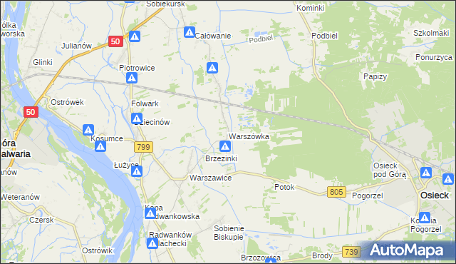 mapa Warszówka gmina Sobienie-Jeziory, Warszówka gmina Sobienie-Jeziory na mapie Targeo