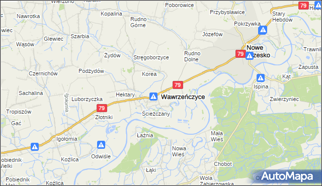 mapa Wawrzeńczyce gmina Igołomia-Wawrzeńczyce, Wawrzeńczyce gmina Igołomia-Wawrzeńczyce na mapie Targeo