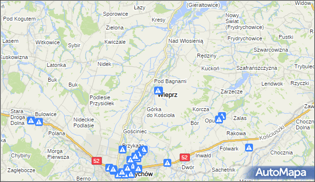 mapa Wieprz powiat wadowicki, Wieprz powiat wadowicki na mapie Targeo