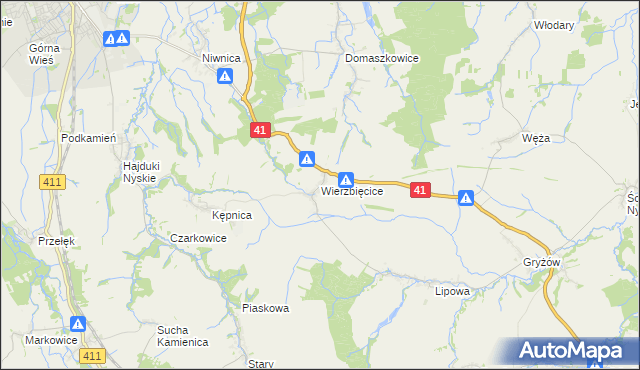 mapa Wierzbięcice gmina Nysa, Wierzbięcice gmina Nysa na mapie Targeo