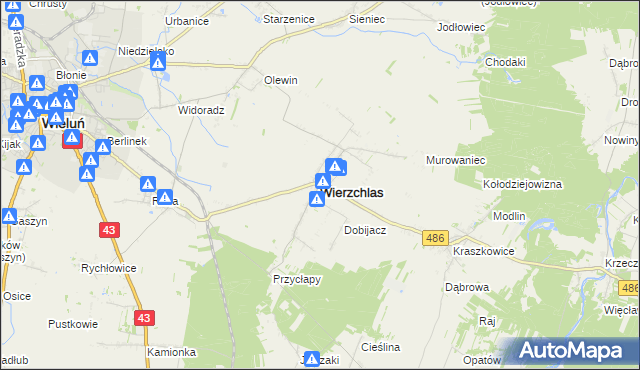 mapa Wierzchlas powiat wieluński, Wierzchlas powiat wieluński na mapie Targeo
