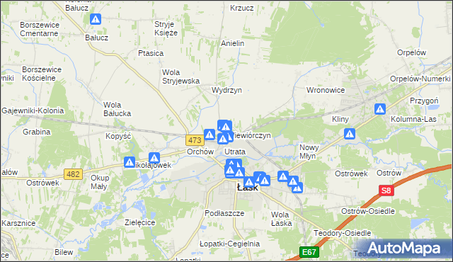 mapa Wiewiórczyn gmina Łask, Wiewiórczyn gmina Łask na mapie Targeo