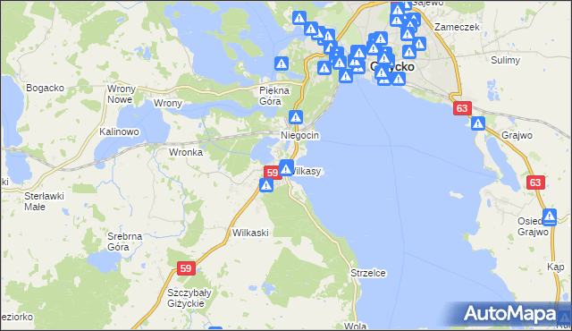 mapa Wilkasy gmina Giżycko, Wilkasy gmina Giżycko na mapie Targeo