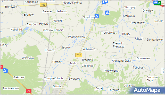 mapa Wilkowice gmina Wartkowice, Wilkowice gmina Wartkowice na mapie Targeo