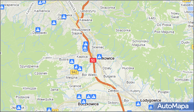 mapa Wilkowice powiat bielski, Wilkowice powiat bielski na mapie Targeo