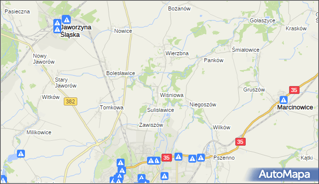 mapa Wiśniowa gmina Świdnica, Wiśniowa gmina Świdnica na mapie Targeo