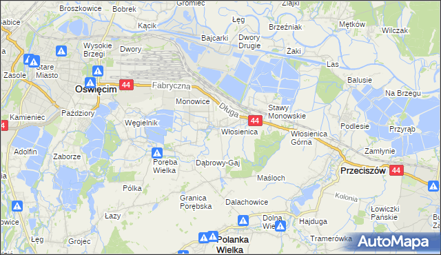 mapa Włosienica gmina Oświęcim, Włosienica gmina Oświęcim na mapie Targeo